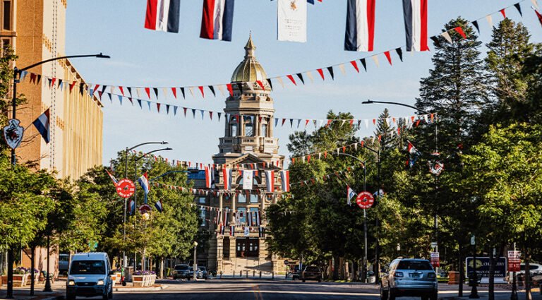 A view of the Wyoming State Capitol building in Cheyenne, Wyoming.